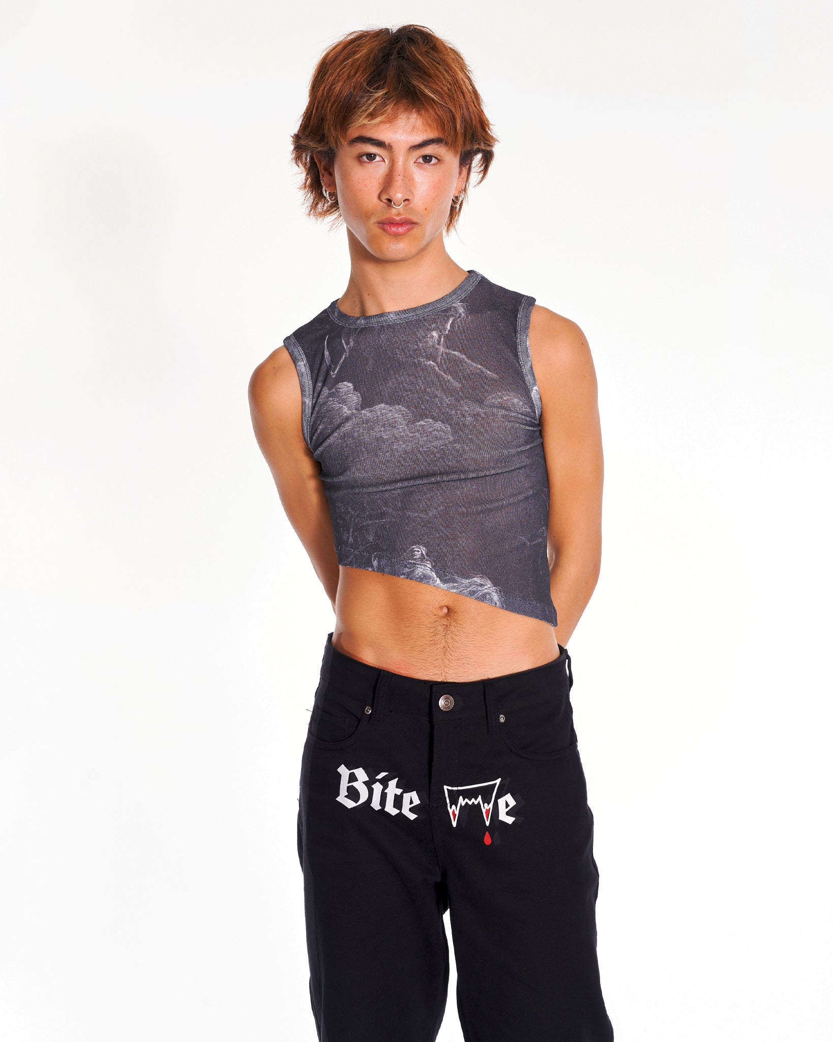 Bite Me Low Rise Straight Leg Denim Jeans With Graphic In Black